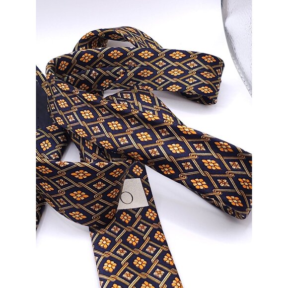Paco Rabanne Mens Silk Tie Geometric Floral Pattern Navy & Gold Made In Italy - Picture 9 of 13